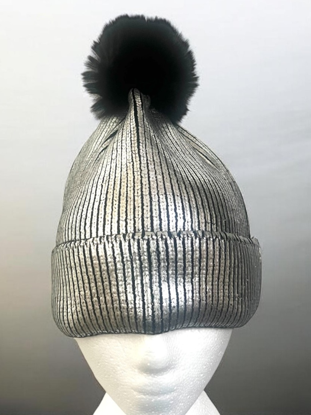 🔥🆕METALLIC Gold or Silver with Black Pom-Pom Beanie